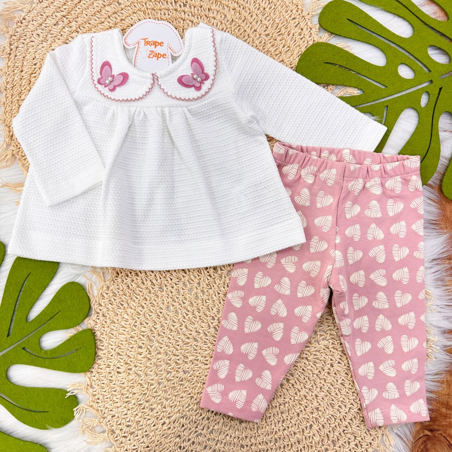 Conj. Batinha com Gola de Borboletas e Calça Legging Corações- Off White e Rose